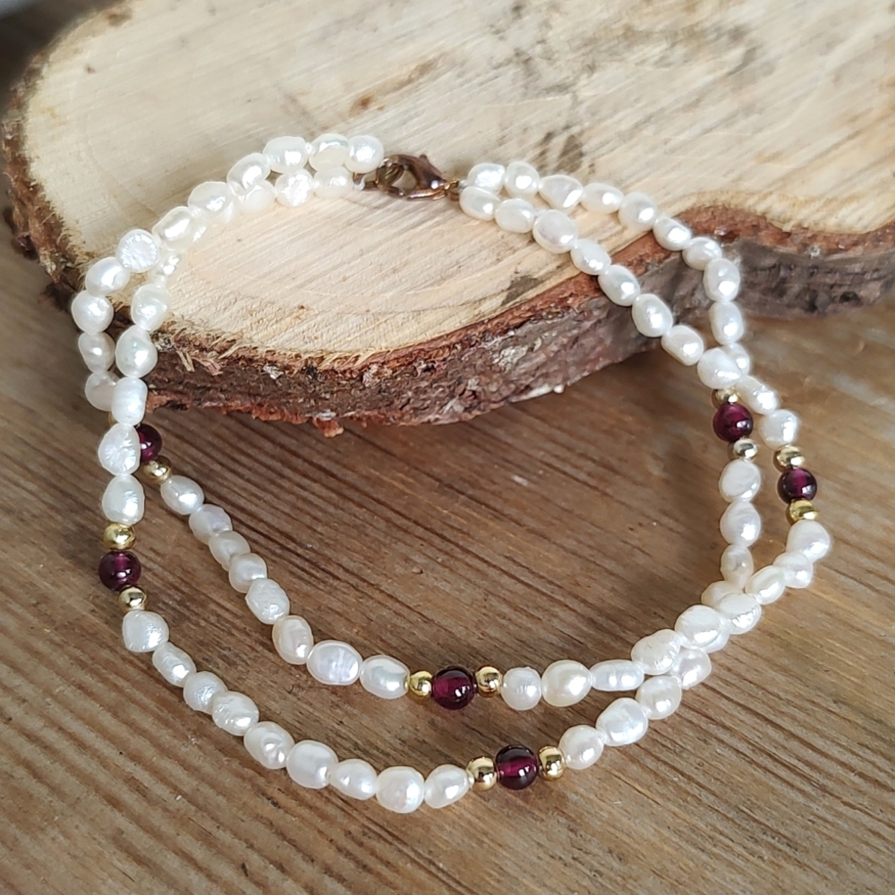 Genuine Pearl 🦪 Garnet GP Beads 2-Strand Vintage Wrap Bracelet 7"